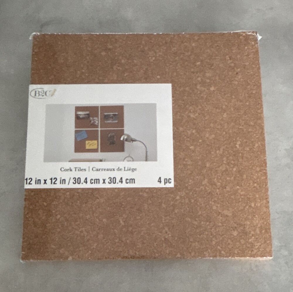 B2C Cork Tiles Bulletin Board Squares 12x12 Wall-Mounted Brown Memo Notes 4pc